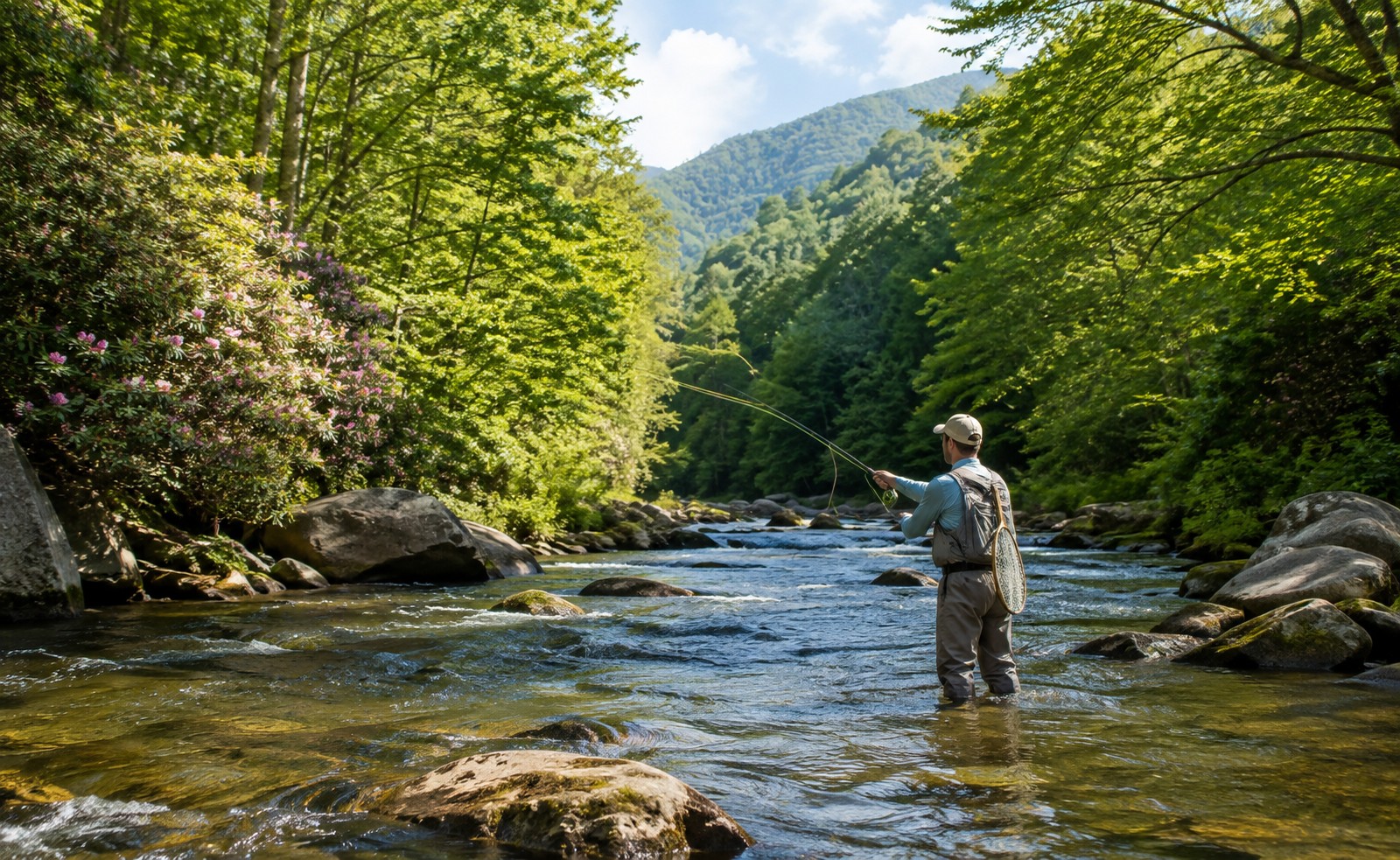 Man standing in a mountain stream fly fishing in the Western North Carolina mountains